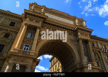 FLORENCE, ITALY - SEPTEMBER 22, 2015 : View of famous historical square of Florence, Piazza Della Repubblica, under blue sky. Stock Photo
