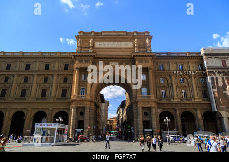 FLORENCE, ITALY - SEPTEMBER 22, 2015 : View of famous historical square of Florence, Piazza Della Repubblica, under blue sky. Stock Photo