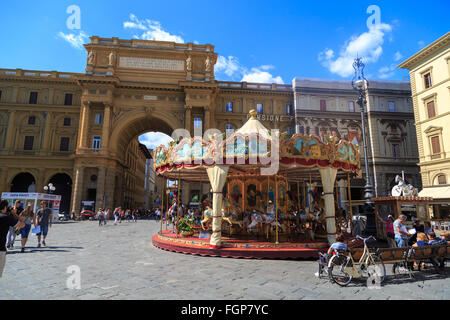 FLORENCE, ITALY - SEPTEMBER 22, 2015 : View of famous square of Florence, Piazza Della Repubblica, with historical carosello. Stock Photo