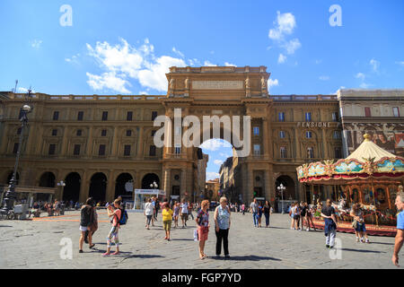 FLORENCE, ITALY - SEPTEMBER 22, 2015 : View of famous square of Florence, Piazza Della Repubblica, with historical carosello. Stock Photo