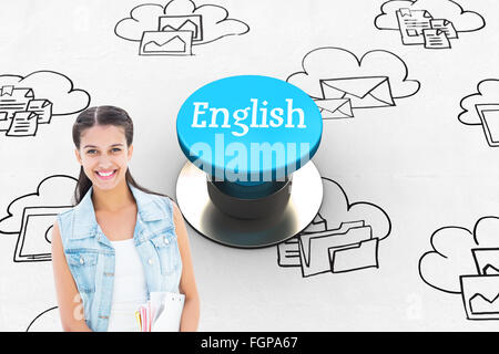 English against blue push button Stock Photo