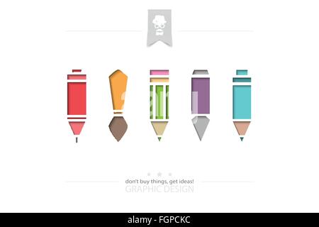set of stylish graphic design tools isolated on white background. vector material design icons. pencil, pen, paintbrush, marker Stock Vector
