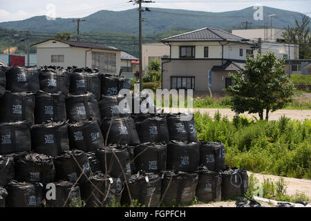 Bags of radioactive waste lay in village during radioactive decontamination process of Iitate district, Japan. Stock Photo