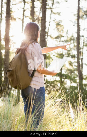 Brunette hiker with map pointing far away Stock Photo