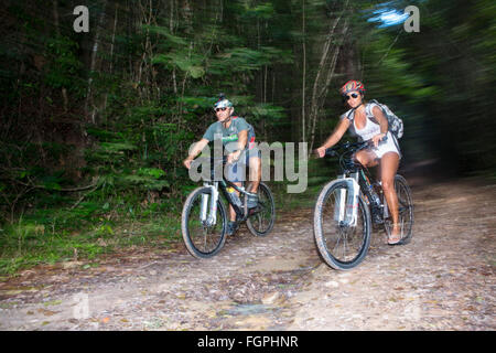 A couple riding mountain bikes through forested areas near Trancoso, Brazil Stock Photo