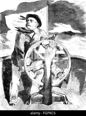 politics, caricature, Chancellor of the German Empire Otto von Bismarck on the steering wheel of political parties, the Liberal spoke to the ultramontane: 'Don't overstrain yourselves, when the wind is turning I will be up again', drawing, 'Kladderadatsch', 1879, Additional-Rights-Clearences-Not Available Stock Photo