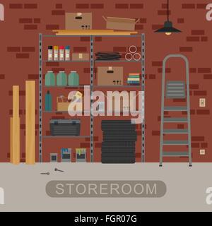 Storeroom interior with brickwall. Stock Vector