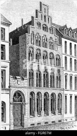 geography / travel, Germany, Cologne, building, Overstolzen House, exterior view, wood engraving, late 19th century, house, houses, family Overstolz, facade, facades, Rheingasse, German Empire, Kingdom of Prussia, Rhine Province, North Rhine-Westphalia, North-Rhine, Rhine, Westphalia, Nordrhein-Westfalen, Nordrhein-Westphalen, Central Europe, historic, historical, men, man, male, Additional-Rights-Clearences-Not Available Stock Photo