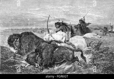 hunt, buffalo, bison hunt in North America, American Indians hunting bisons in of the prairie, wood engraving, 2nd half 19th century, buffalo hunt, weapons, arms, weapon, arm, bow and arrow, American bison, people, hunter, hunters, hunting, USA, United States of America, hunt, hunts, buffalo, buffalos, Native Americans, historic, historical, Additional-Rights-Clearences-Not Available Stock Photo