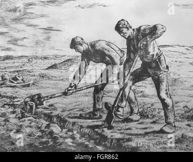 agriculture, farm labour, fields, 'Two Men with Spades' after painting by Jean-Francois Millet (1814 - 1875), 1855 / 1856, drawing, 19th century, Additional-Rights-Clearences-Not Available Stock Photo