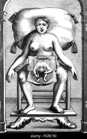 medicine, birth / gynecology, schematic picture of a pregnant woman with embryo in delivery position, copper engraving, 1766, Artist's Copyright has not to be cleared Stock Photo