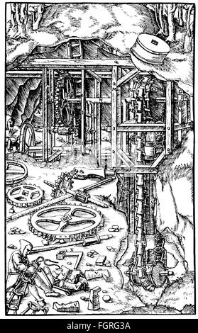 mining, mine, bucket elevator for pumping in a mine, after drawing by Blasius Weffring, woodcut by Hans Rudolf Manuel Deutsch (1525 - 1571), out of: Georgius Agricola (1494 - 1555), 'De re metallica libri XII', Basel, 1556, Additional-Rights-Clearences-Not Available Stock Photo