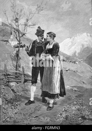 fashion,traditional costume,couple in Alpine traditional costumes,after Mathias Schmid(1853 - 1923),wood engraving by Union,late 19th century,19th century,graphic,graphics,Germany,Alps,mounts,mount,mountains,mountain,clothes,outfit,outfits,full length,going,go,walking,walk,headpiece,headpieces,hat,hats,smoking pipe,pipes,leather trousers,leather shorts,lederhosen,knee breeches,apron,aprons,conversation,conversations,talks,talking,talk,dirndl,dirndl dress,couple,couples,traditional costume,national costume,dress,tr,Additional-Rights-Clearences-Not Available Stock Photo