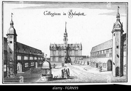 geography / travel, Germany, Helmstedt, building, university, exterior view, copper engraving by Matthäus Merian the Elder (1593 - 1650), 1645, Artist's Copyright has not to be cleared