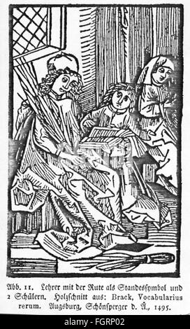 pedagogy, school / lessons / discipline, teacher with rod, woodcut, out of: Wenceslaus Brack (+ 1495): 'Vocabularius rerum', title page, print: Johann Schönsperger the Elder (circa 1455 - 1521), Augsburg, 1495, Additional-Rights-Clearences-Not Available Stock Photo