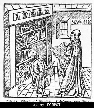 pedagogy, school / lessons / discipline, teacher and pupil, woodcut, out of: Gregor Reisch (circa 1470 - 1525), 'Margarita philosophica', print: Hans Grüninger (circa 1455 - circa 1531), Strasbourg, 1512, Additional-Rights-Clearences-Not Available Stock Photo