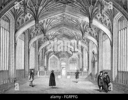 pedagogy, university, lecture room, Oxford, 14th century, wood engraving, 19th century, 19th century, graphic, graphics, Great Britain, Middle Ages, medieval, mediaeval, Gothic style, Gothic period, Gothic, hall, halls, architecture, pointed arch, ogive, arched roof, arched top, quaquaversal structure, cross vault, cross vaults, fine arts, art, interior view, pedagogy, paedagogy, education, university, universities, lecture room, lecture rooms, historic, historical, people, Additional-Rights-Clearences-Not Available Stock Photo