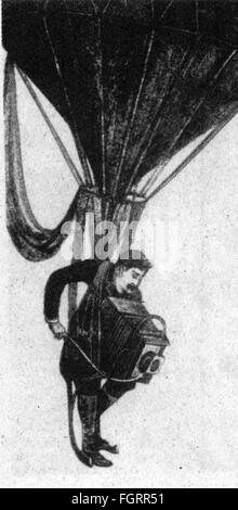 photography, photographer, photographer hanging on balloon, wood engraving, 1889, Additional-Rights-Clearences-Not Available Stock Photo