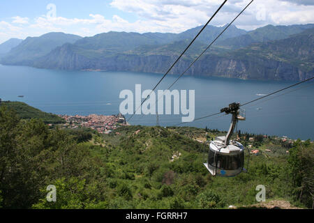 The cable car from Malcesine on the shore of Lake Garda in Northern Italy. Stunning view of the lake and surrounding countryside Stock Photo