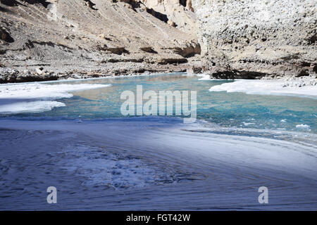 semi frozen river in Zanskar Valley, Ladakh, India Stock Photo