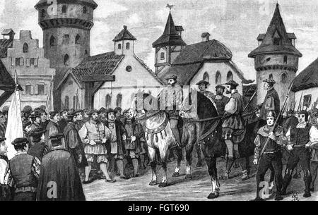 German peasants' revolt 1524 - 1526, Florian Geyer in Rothenburg ob der Tauber, June 1525, wood engraving by Victor Schivert and D. E. Tau, 1891, nobility, imperial knight, knight, knights, peasant uprising, war, wars, riot, riots, city, Imperial City, citizen, citizens, Franconia, Germany, Holy Roman Empire, HRE, 16th century, fine arts, art, 19th century, crowd, crowds, crowds of people, historic, historical, Additional-Rights-Clearences-Not Available Stock Photo