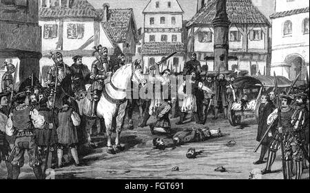German peasants' revolt 1524 - 1526,blood justice of Wuerzburg,on the fish market 13 citizen sre beheaded,9.8.1525,wood engraving by Victor Schivert and D. E. Tau,1891,Bishopric of Würzburg,execution,executions,decapitate,decapitating,executioner,executioners,decapitation,punishment,punishments,penalty,penalties,peasant uprising,war,wars,riot,riots,Germany,Holy Roman Empire,HRE,16th century,fine arts,art,19th century,crowd,crowds,crowds of people,fish market,fish markets,citizen,citizens,behead,beheading,historic,historic,Additional-Rights-Clearences-Not Available Stock Photo