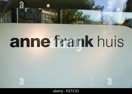 Sign at the front of Anne Frank 's House / museum in Amsterdam. Holland. The Netherlands.