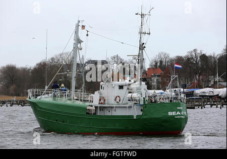 Rostock, Germany. 22nd Feb, 2016. The cutter of the initiative 'Sea Eye' heads to the Mediterranean Sea to rescue refugees in distress, in Rostock, Germany, 22 February 2016. Credit:  dpa picture alliance/Alamy Live News Stock Photo