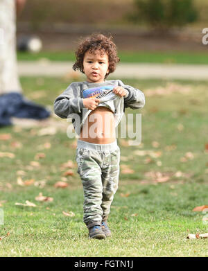 Olivier Martinez and his son play soccer at Coldwater Canyon Park in Beverly Hills  Featuring: Maceo Martinez Where: Los Angeles, California, United States When: 16 Jan 2016 Stock Photo