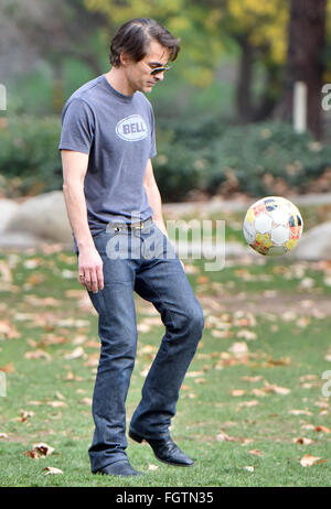 Olivier Martinez and his son play soccer at Coldwater Canyon Park in Beverly Hills  Featuring: Olivier Martinez Where: Los Angeles, California, United States When: 16 Jan 2016 Stock Photo