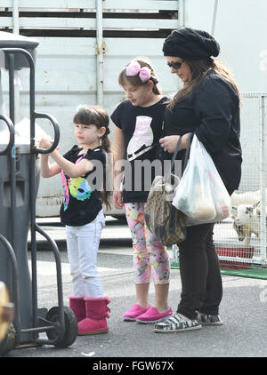 Carnie Wilson takes her daughters, Lola and Luciana, to the petting zoo at the Studio City Farmer's Market  Featuring: Carnie Wilson, Lola Sofia Bonfiglio, Luciana Bella Where: Los Angeles, California, United States When: 17 Jan 2016 Stock Photo