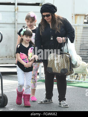 Carnie Wilson takes her daughters, Lola and Luciana, to the petting zoo at the Studio City Farmer's Market  Featuring: Carnie Wilson, Lola Sofia Bonfiglio, Luciana Bella Where: Los Angeles, California, United States When: 17 Jan 2016 Stock Photo