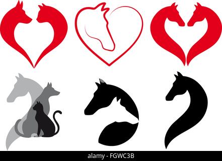 Cat, dog, horse heart icons, animal love logo designs, vector set Stock Vector