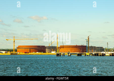 New oil storage tanks under construction in port of Gdansk, Poland. Stock Photo