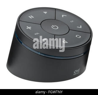 One for All, TV remote controller. On switch, volume, channel changer, pause and play buttons. Stock Photo