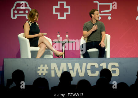 Barcelona, Catalonia, Spain. 22nd Feb, 2016. Chairman, chief executive, and co-founder of the social networking website Facebook, Mark Zuckerberg during a Conference at the Mobile World Congress in Barcelona. MWC, world's biggest mobile fair in which brings together the leading mobile companies and where the latest developments in the sector are presented. © Jordi Boixareu/ZUMA Wire/Alamy Live News Stock Photo