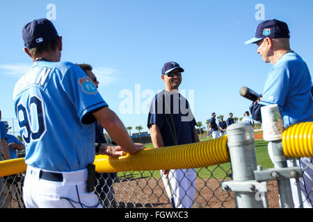 Port Charlotte, Florida, USA. 22nd Feb, 2016. WILL VRAGOVIC | Times.Tampa Bay Rays manager Kevin Cash with some of the coaches during Rays Spring Training at Charlotte Sports Park in Port Charlotte, Fla. on Monday, Feb. 22, 2016. © Will Vragovic/Tampa Bay Times/ZUMA Wire/Alamy Live News Stock Photo