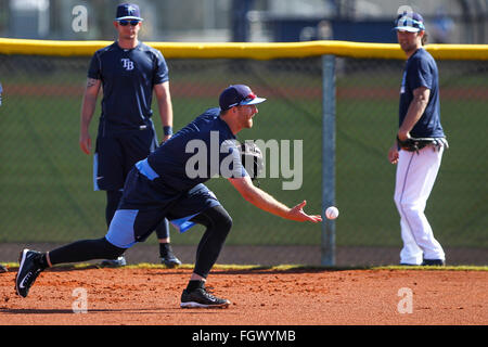 Port Charlotte, Florida, USA. 22nd Feb, 2016. WILL VRAGOVIC | Times.Tampa Bay Rays shortstop Brad Miller (13) during Rays Spring Training at Charlotte Sports Park in Port Charlotte, Fla. on Monday, Feb. 22, 2016. © Will Vragovic/Tampa Bay Times/ZUMA Wire/Alamy Live News Stock Photo