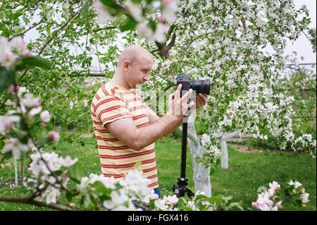 man shoot at the camera in a blossoming spring garden Stock Photo