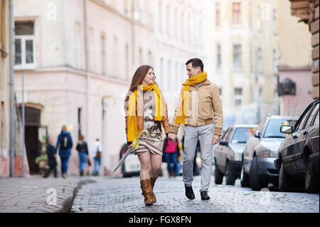 loving couple walking through the old city Lviv Stock Photo
