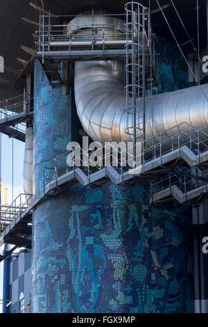 A view of the large pipework and decorative mosaic work at the Spittelau Waste Inceneration Plant , Vienna Stock Photo
