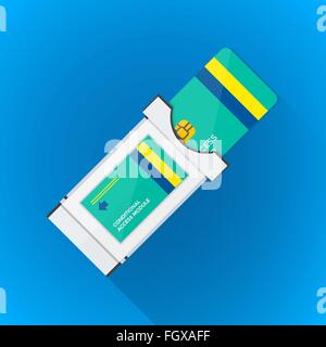 vector color flat design satellite conditional-access module chip smart card illustration long shadow isolated blue background Stock Vector