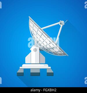 vector color flat design uplink satellite dish antenna illustration long shadow isolated blue background Stock Vector