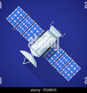 vector color flat design satellite broadcast module antenna solar panels illustration long shadow isolated blue background Stock Vector