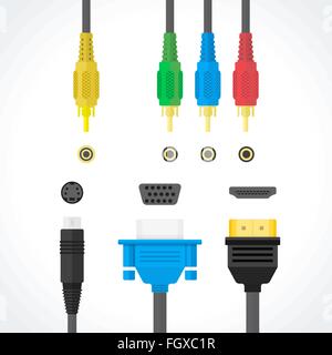 vector color flat design video connectors plugs S-Video RCA component HDMI VGA port illustration collection isolated white backg Stock Vector