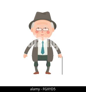 Vector Illustration of Old man in Suit with Walking Stick Stock Vector