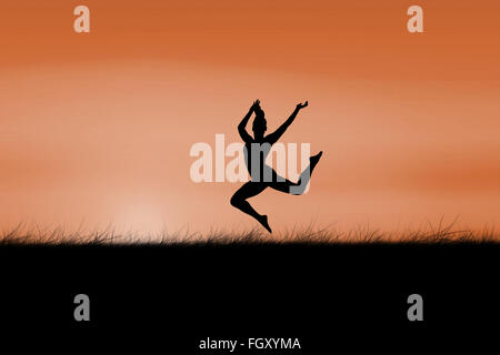 Composite image of fit brunette jumping and posing Stock Photo