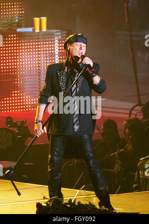 DNIPROPETROVSK, UKRAINE - OCTOBER 31, 2012: Vocalist Klaus Meine of SCORPIONS rock band performs live on stage Stock Photo