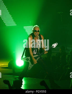 DNIPROPETROVSK, UKRAINE - OCTOBER 31, 2012: Highlighted guitarist and founding member of Scorpions Rudolf Schenker plays guitar Stock Photo