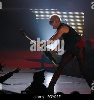 DNIPROPETROVSK, UKRAINE - OCTOBER 31, 2012: Guitarist of Scorpions band Rudolf Schenker performs live on stage Stock Photo